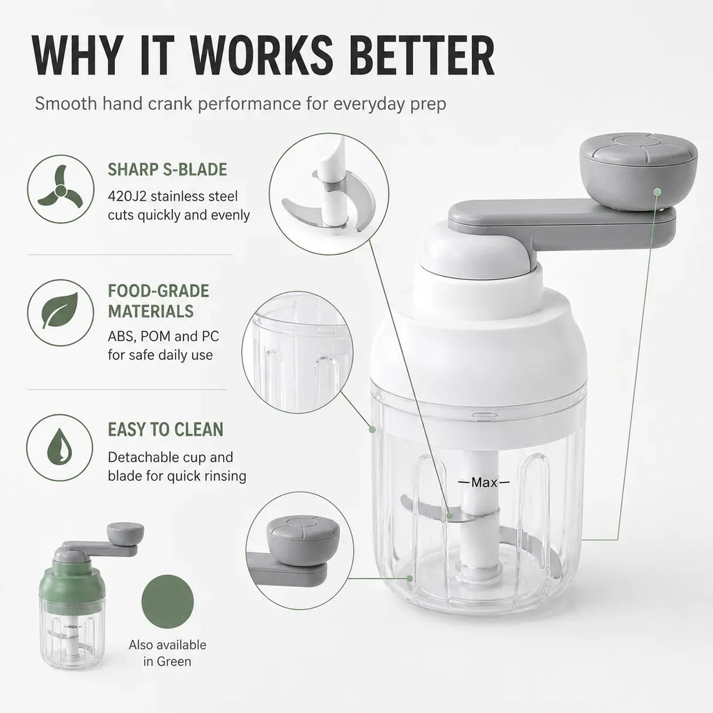 Manual Food Processor 250ml – Hand Crank Vegetable Chopper