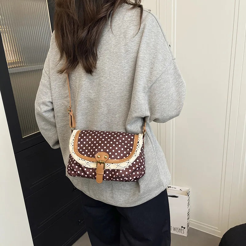 Korean Polka Dot Canvas Crossbody Bag | Small Shoulder Purse