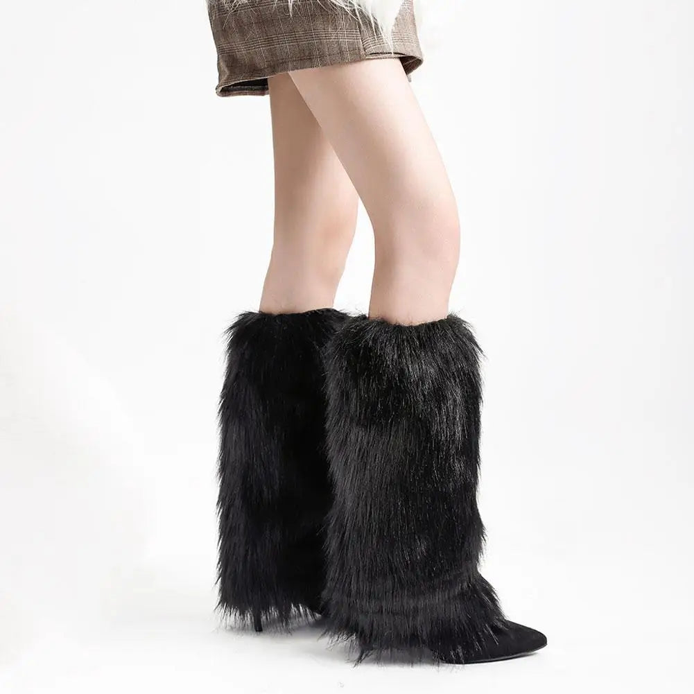 Gothic Faux Fur Leg Warmers – Y2K Punk Knee-Length Boot Socks