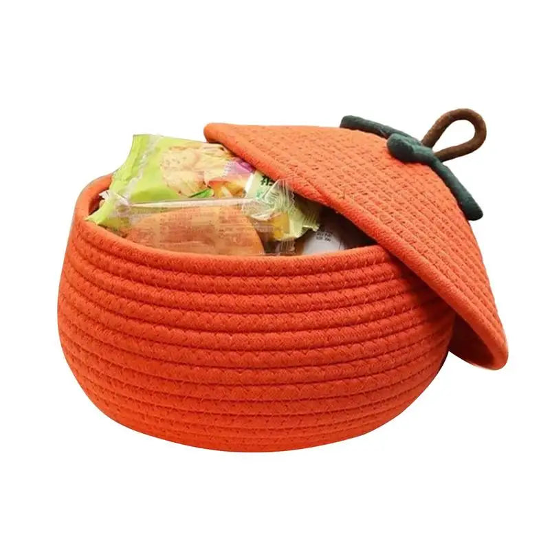 Halloween Pumpkin Woven Basket Dust-proof Lid Seasonal Decor Home