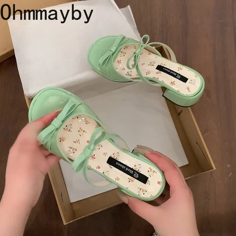 Women's Butterfly-Knot Square Heel Slides | Elegant Open Toe