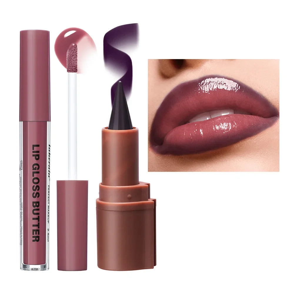 3D Lip Liner & Lip Gloss Butter Set – Hydrating Natural Finish