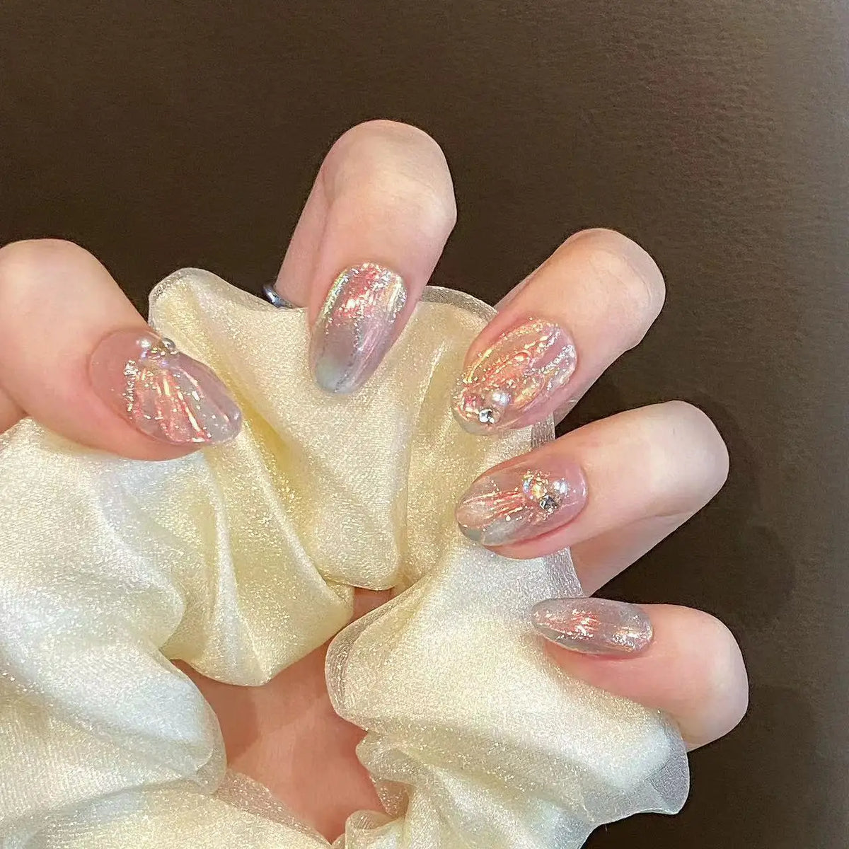 Aurora Mermaid Press On Nails – Glitter Pearl French Almond Tips