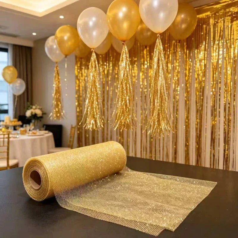 Gold Glitter Tulle Roll – 6" x 25 Yds Shimmer Mesh Ribbon