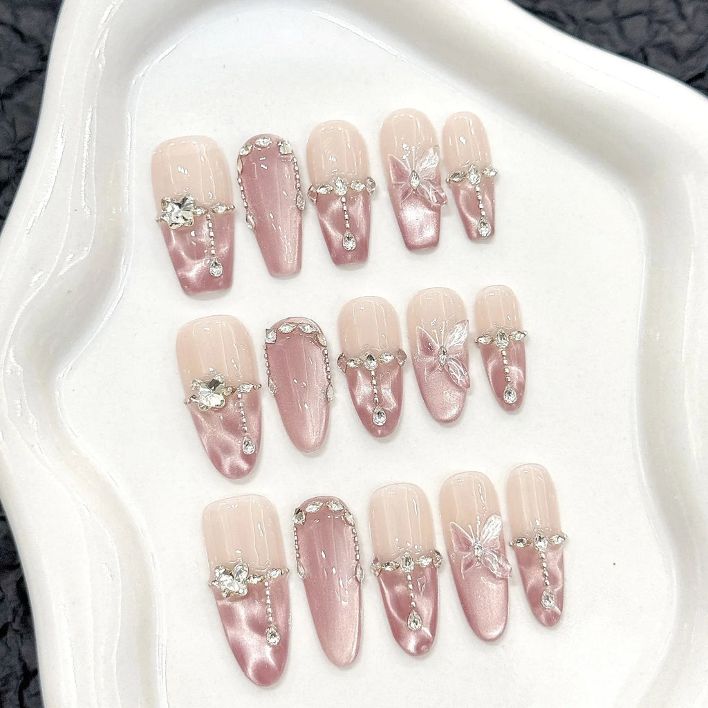 Press On Nails Pink Butterfly Glitter Cat Eye | 10pc Korean Set