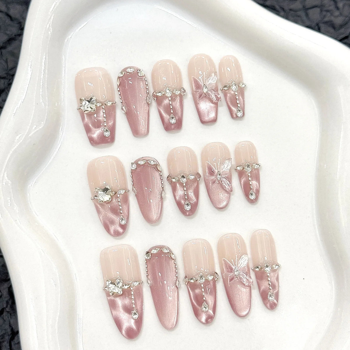Press On Nails Pink Butterfly Glitter Cat Eye | 10pc Korean Set
