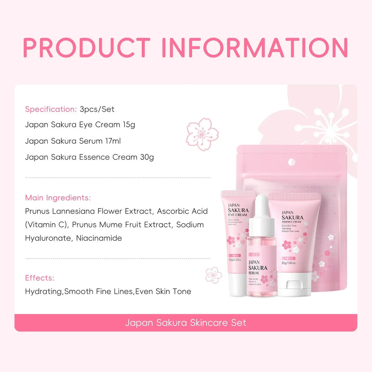 LAIKOU Vitamin C Sakura 3-Piece Skincare Set – Serum, Eye & Face Cream