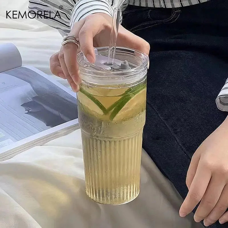 KEMORELA 600ml Stripe Glass Cup with Lid & Straw | 1 or 2 Pack