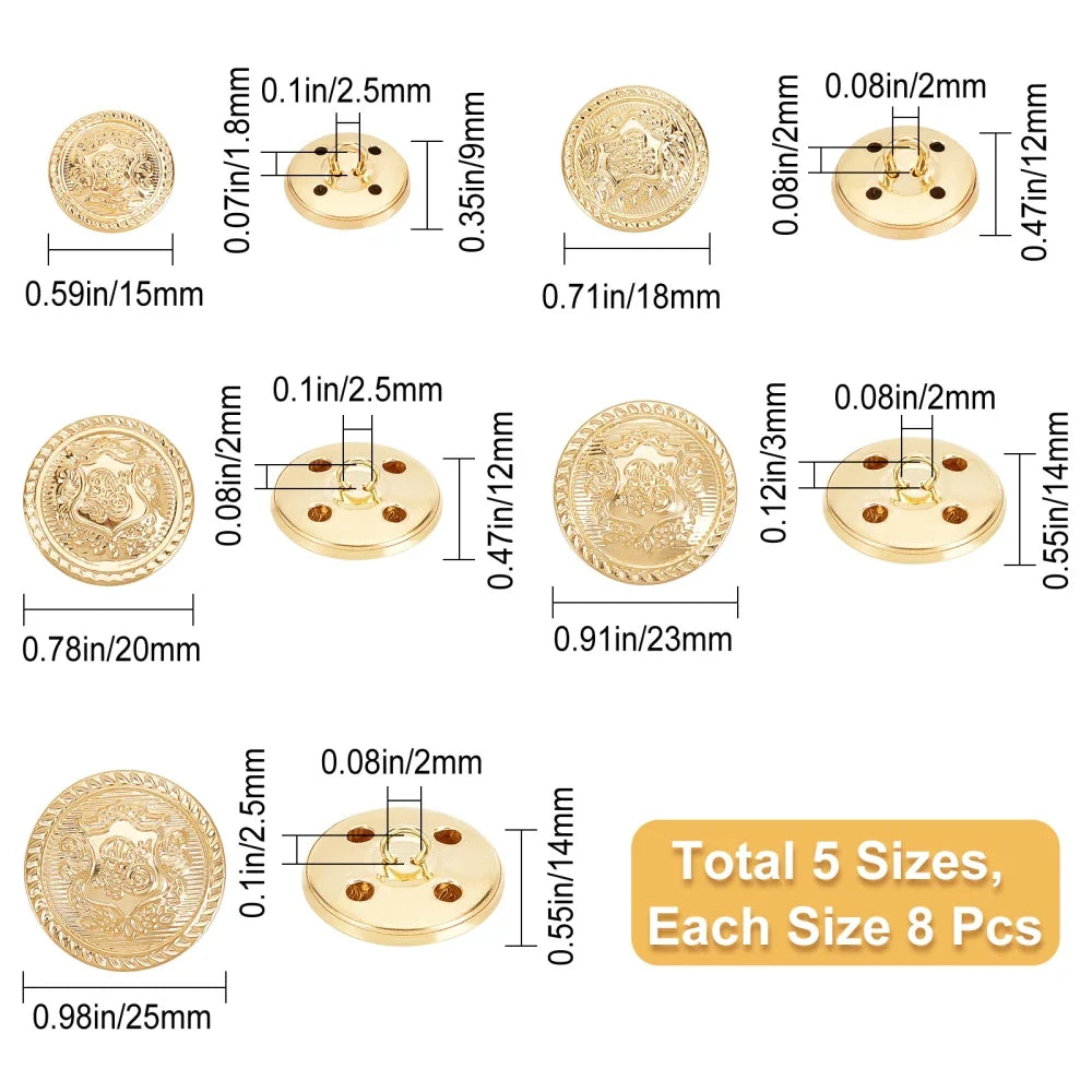 40 Pcs Gold Brass Blazer Buttons – 5 Sizes Vintage Crown Shank