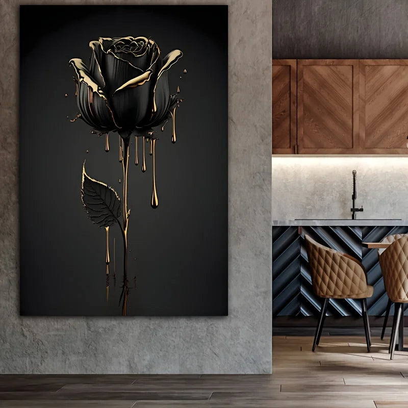 Golden Black Rose Canvas Wall Art | Floral Poster Room Decor