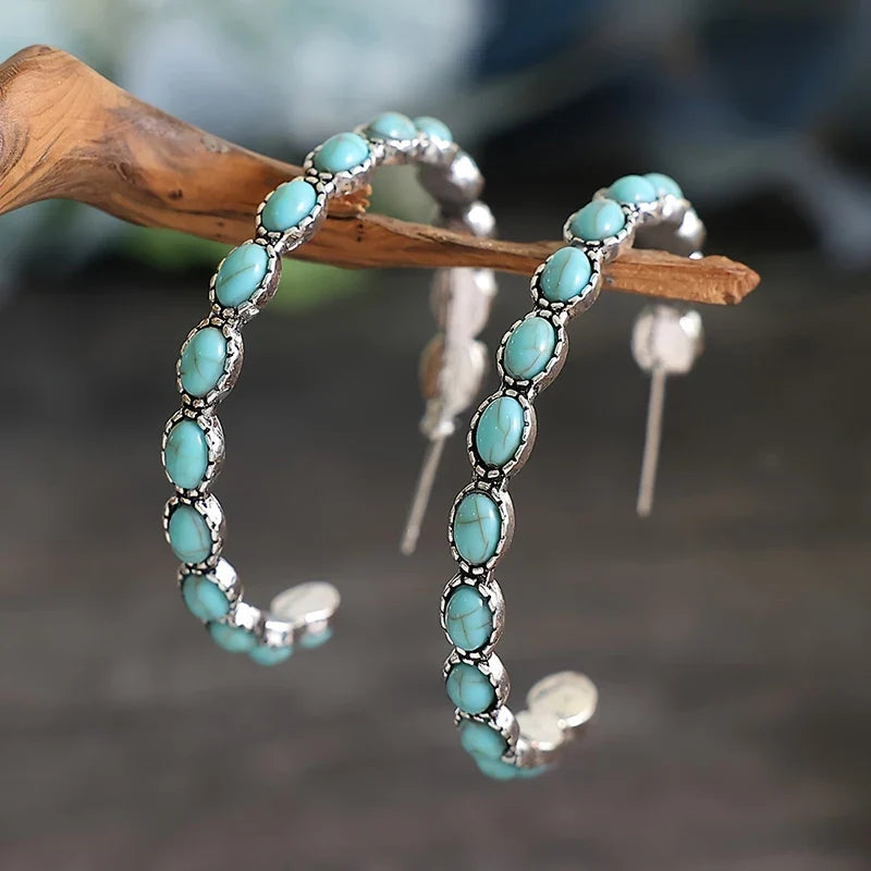 Huitan Large Hoop Earrings Imitation Turquoise – Vintage Style