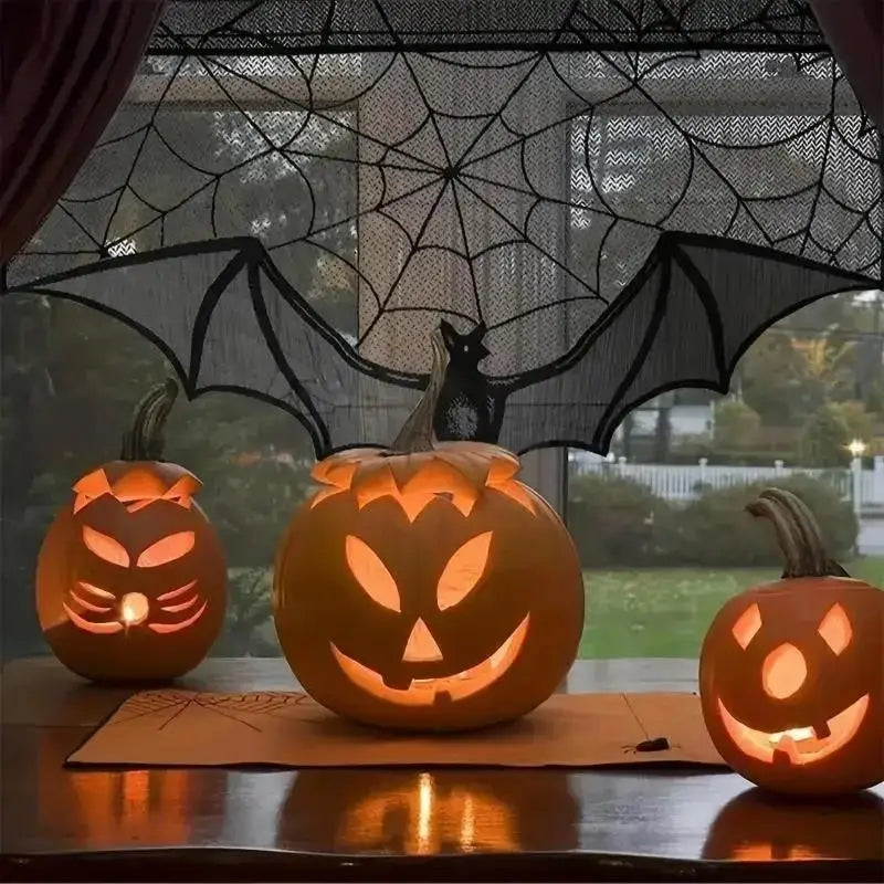 Gothic Bat Lace Curtain – Halloween Cobweb Tablecloth & Runner