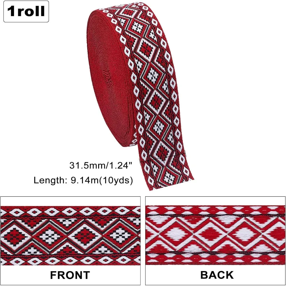 Ethnic Jacquard Ribbon Dark Red Floral 1-1/4" Wide – 10 Yards