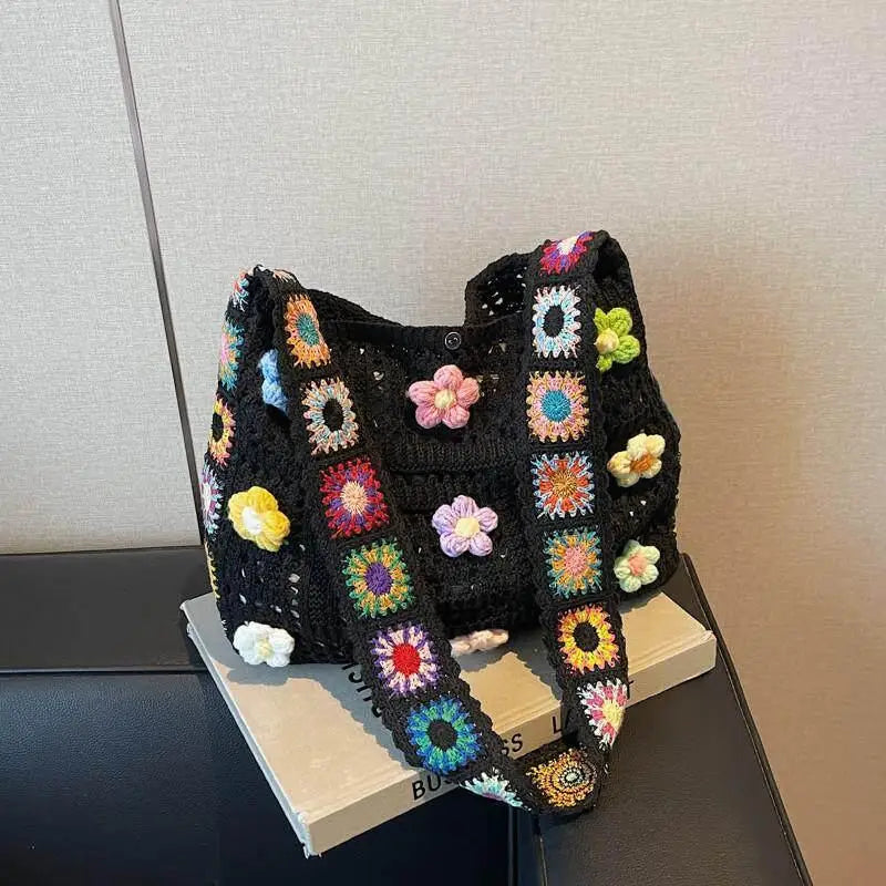 Large Boho Floral Crochet Tote Bag | Hollow Knit Handbag