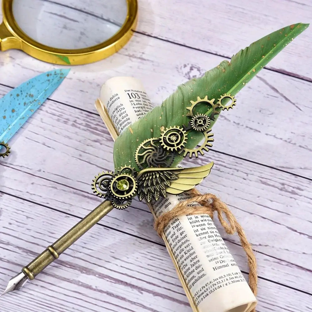 Retro Feather Dip Pen – Vintage Metal Calligraphy Set, 5 Nibs