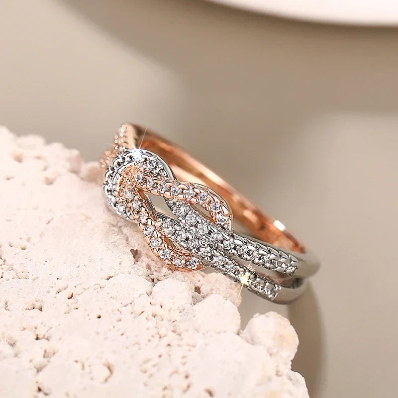 Huitan Two-Tone Twisty Knot Ring – Cubic Zirconia Women's Band