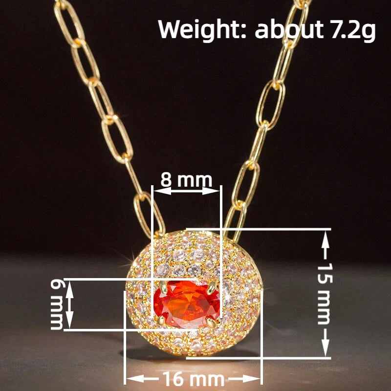 Huitan Orange Red CZ Oval Pendant Necklace | Paperclip Chain