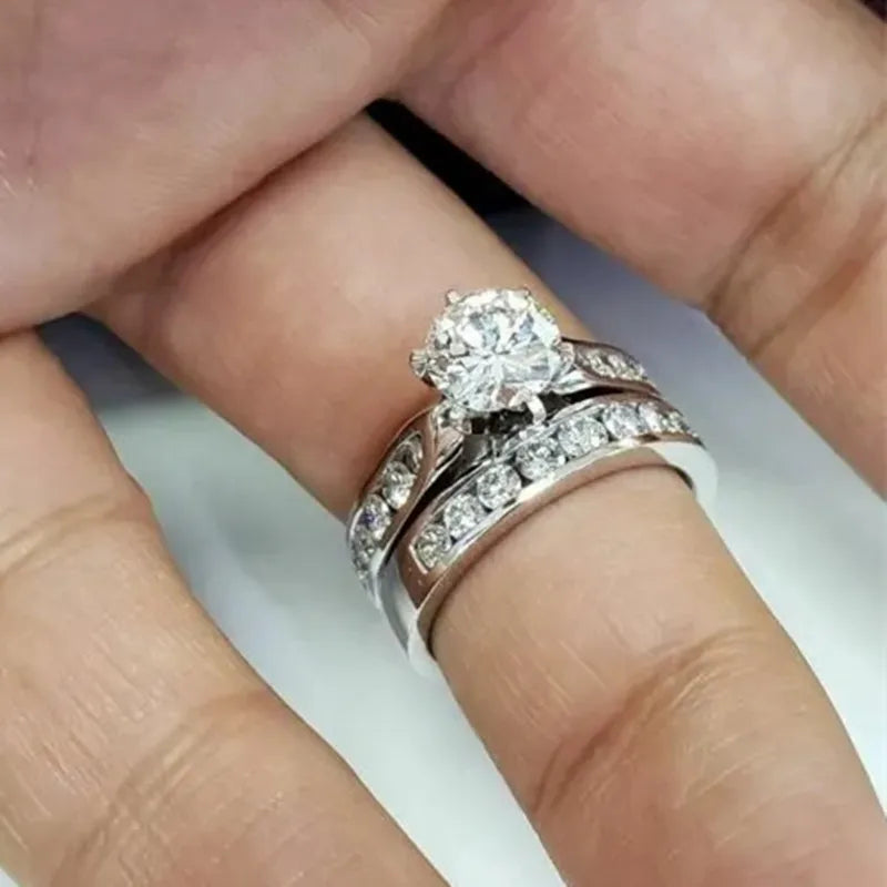 Huitan 2-Piece Round CZ Bridal Ring Set | Women's Eternity Rings