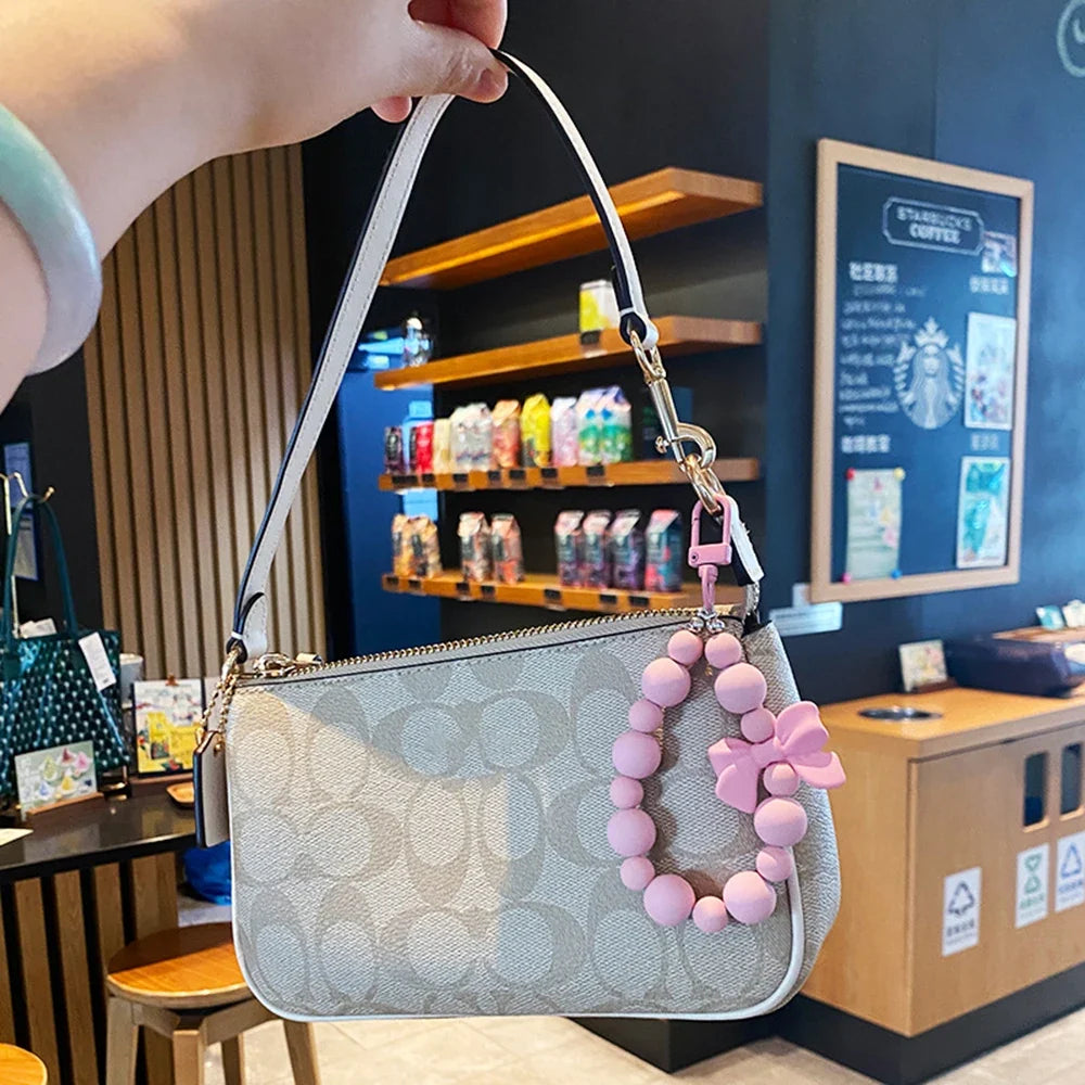 Pink Pearl Bow Keychain – Beaded Phone Charm & Bag Pendant