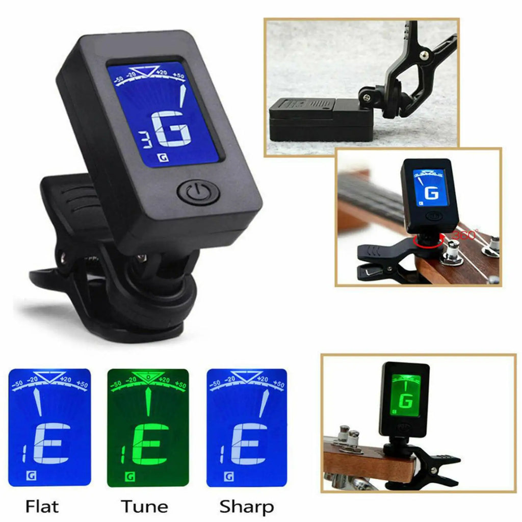 Clip-On Guitar Tuner – LCD Display for Guitar, Bass & Ukulele