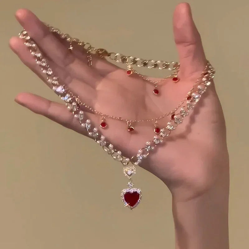 Red Heart Pearl Double-Layer Necklace | Collarbone Chain