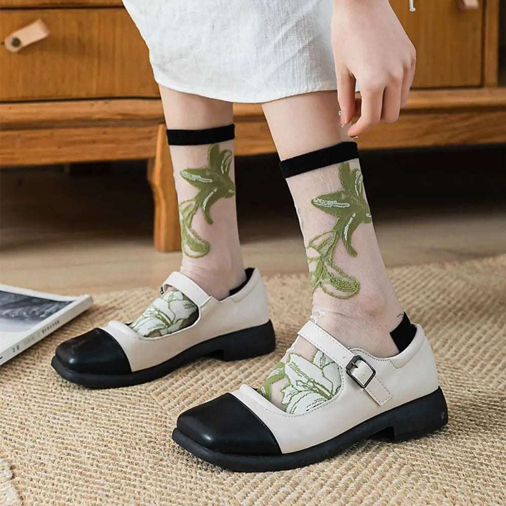 Korean Floral Mesh Tube Socks – Sheer Embroidery Women's Socks