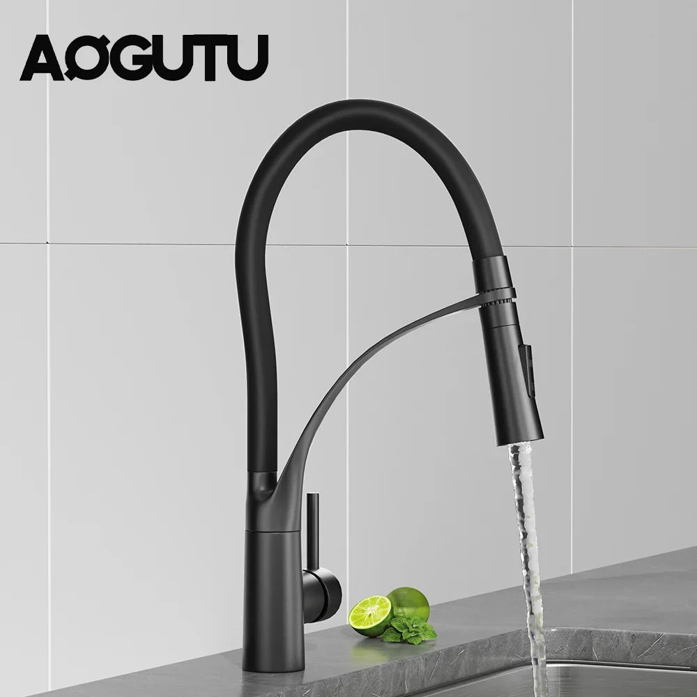 AOGUTU Brass Pull-Down Kitchen Faucet | Single Handle Mixer Tap