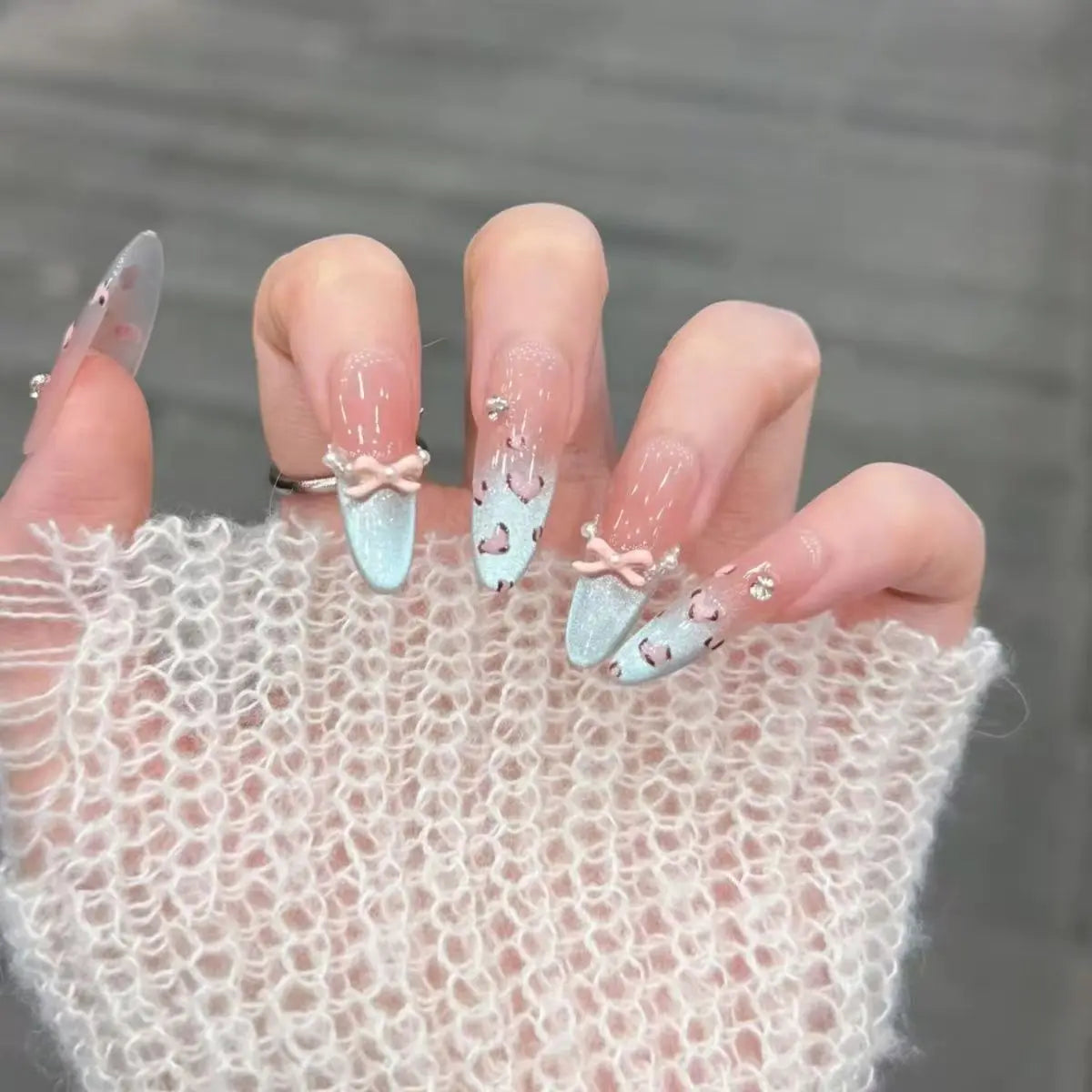 Handmade Press-On Nails Leopard Blue Cat Eye Long Almond 10pcs