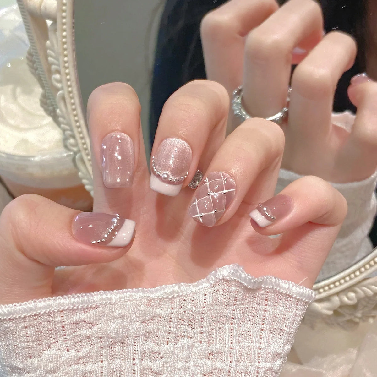 French Pink Cat Eye Press On Nails – Diamond Grid Reusable