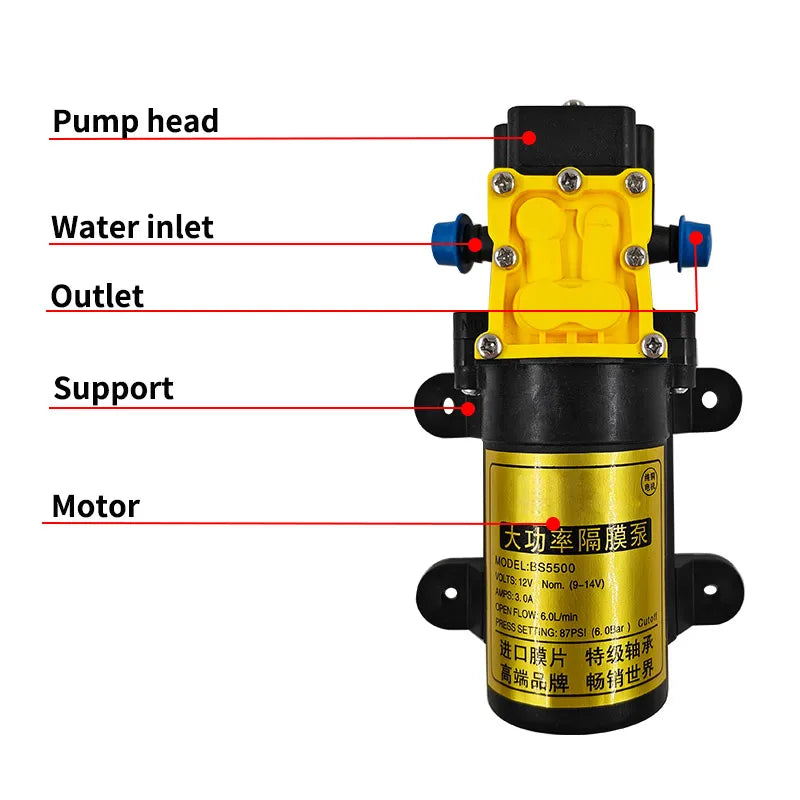 12V 8L Self-Priming Diaphragm Pump – High Pressure Sprayer