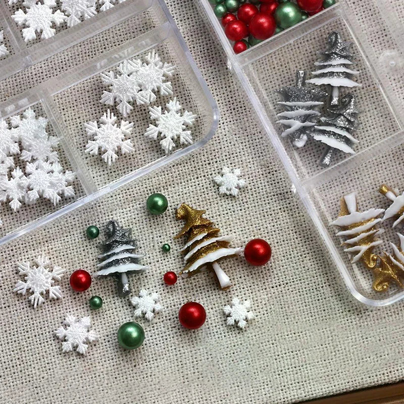 Christmas Nail Charms Set | 6-Grid Snowflake & Bead Rhinestones