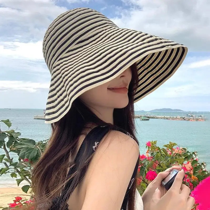 Women's Wide Brim Striped Sun Hat – Lightweight Travel Hat