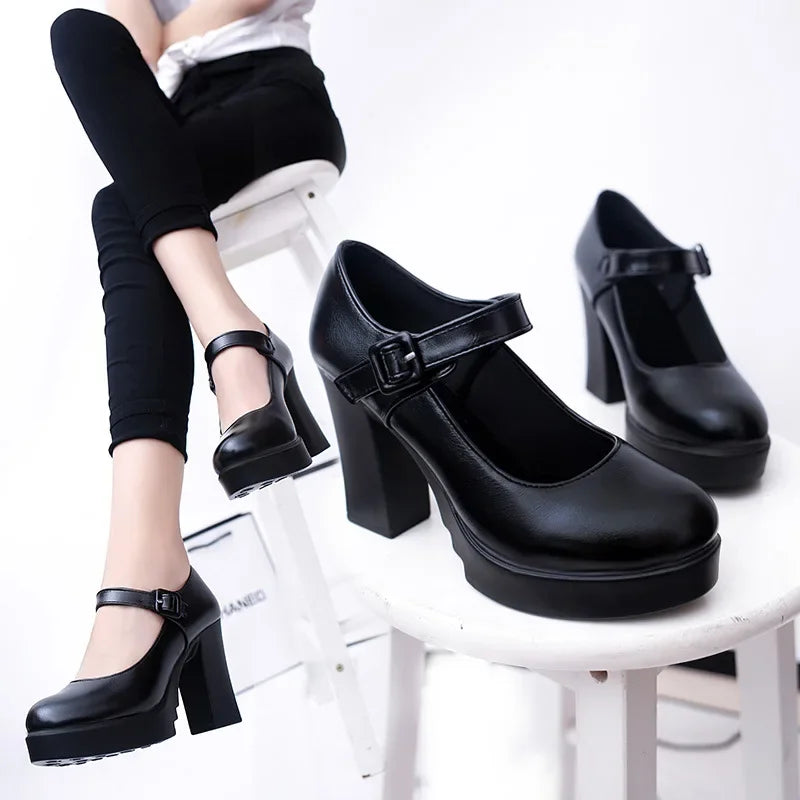 Women's Chunky Heel Pumps – Round Toe Buckle Strap Dress Shoes