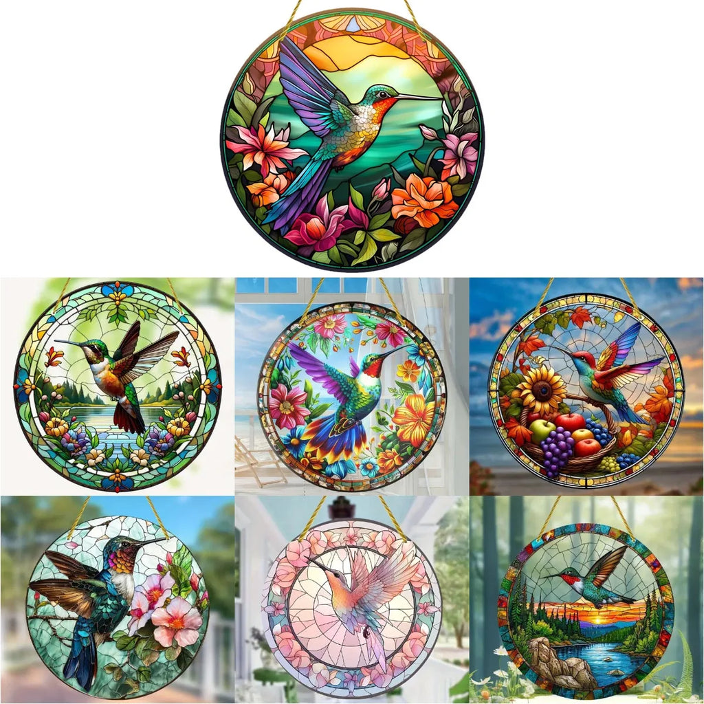 Acrylic Painted Hummingbird Pendant Bird Floral Pattern Suncatcher