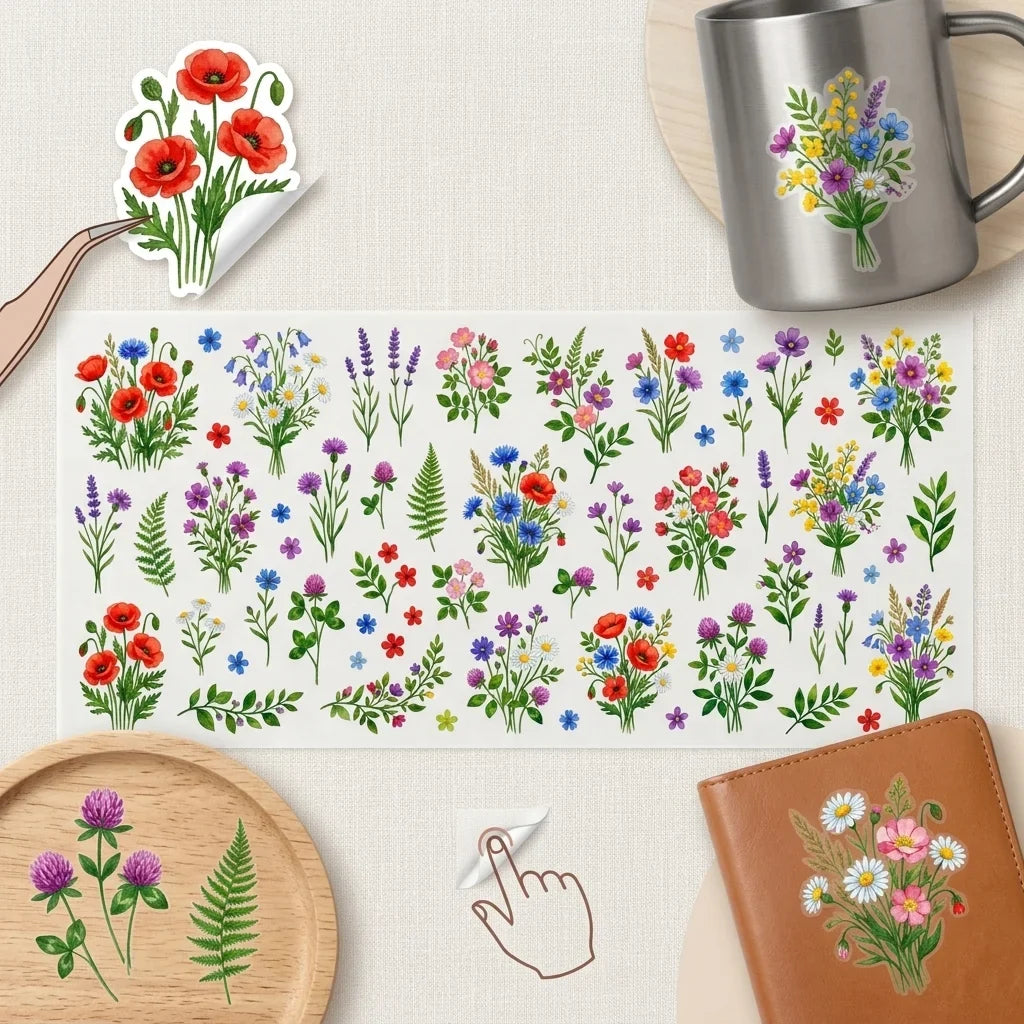 Watercolor Wildflower UV Transfer Stickers | Floral Rub-On Decals