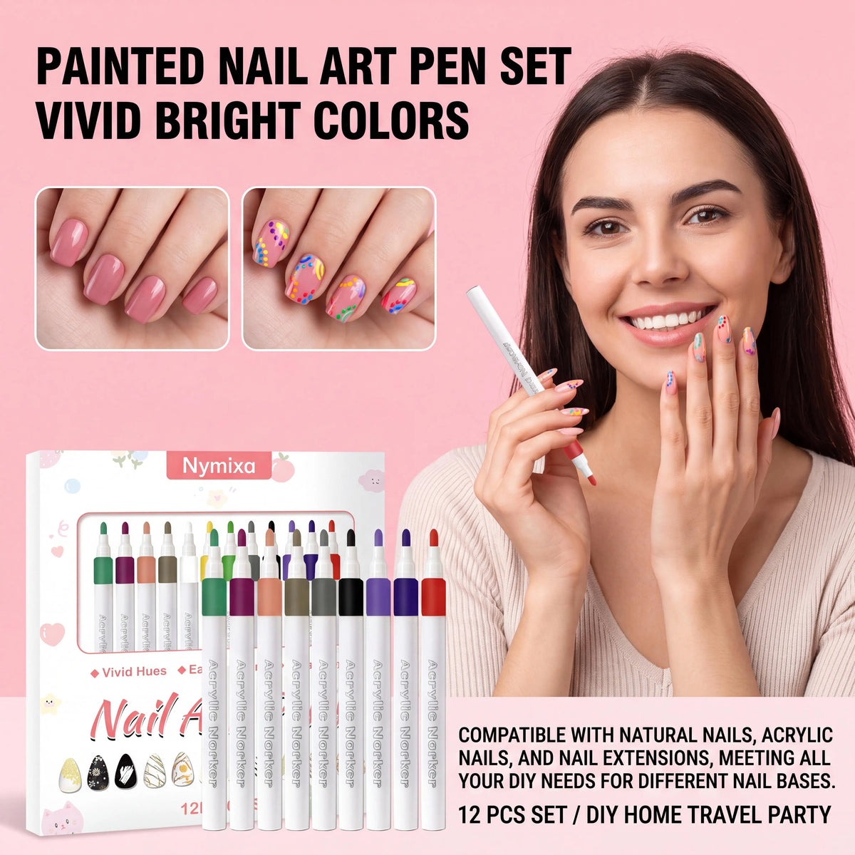 Nymixa 3D Nail Art Pens – 12 Colors Waterproof DIY Manicure Set
