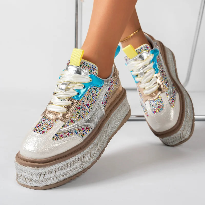 Women's Leather Rhinestone Platform Sneakers | Height Boost