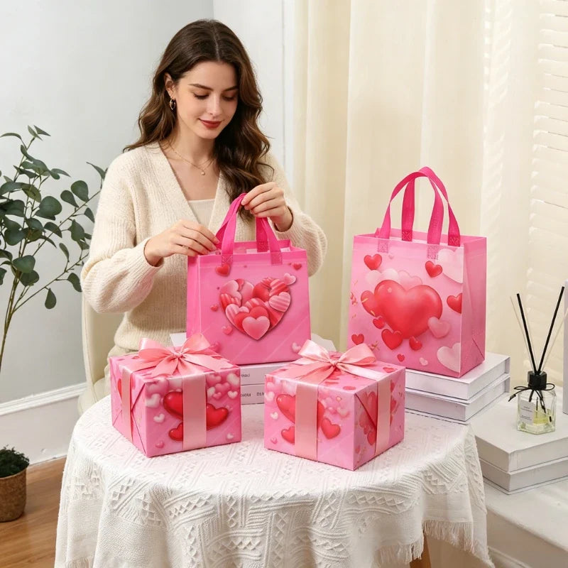 Pink Heart Non-Woven Tote Bags – 8pc Reusable Gift Bags