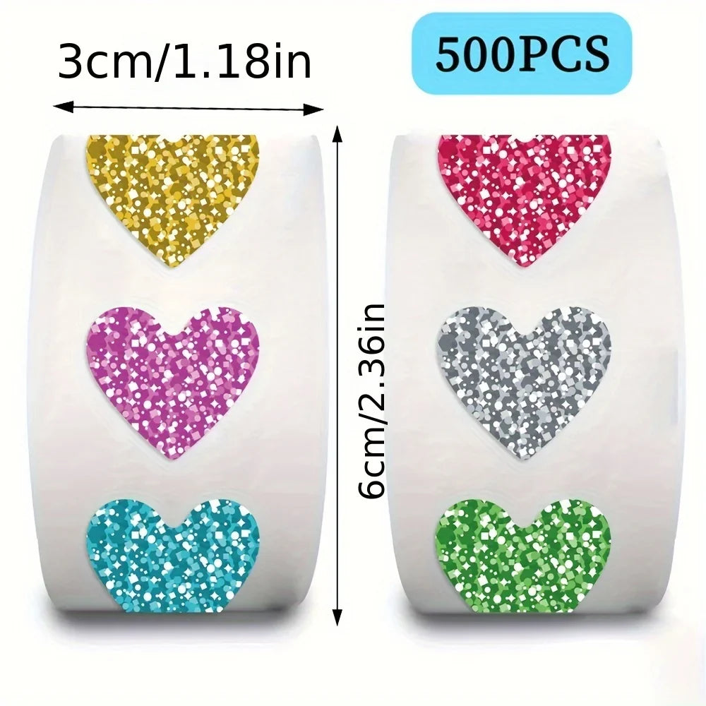 Glitter Heart Stickers Roll – 500 Sparkly Self-Adhesive Hearts