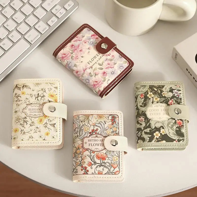 Retro Floral PU Leather Card Holder | Multi-Slot Snap Wallet
