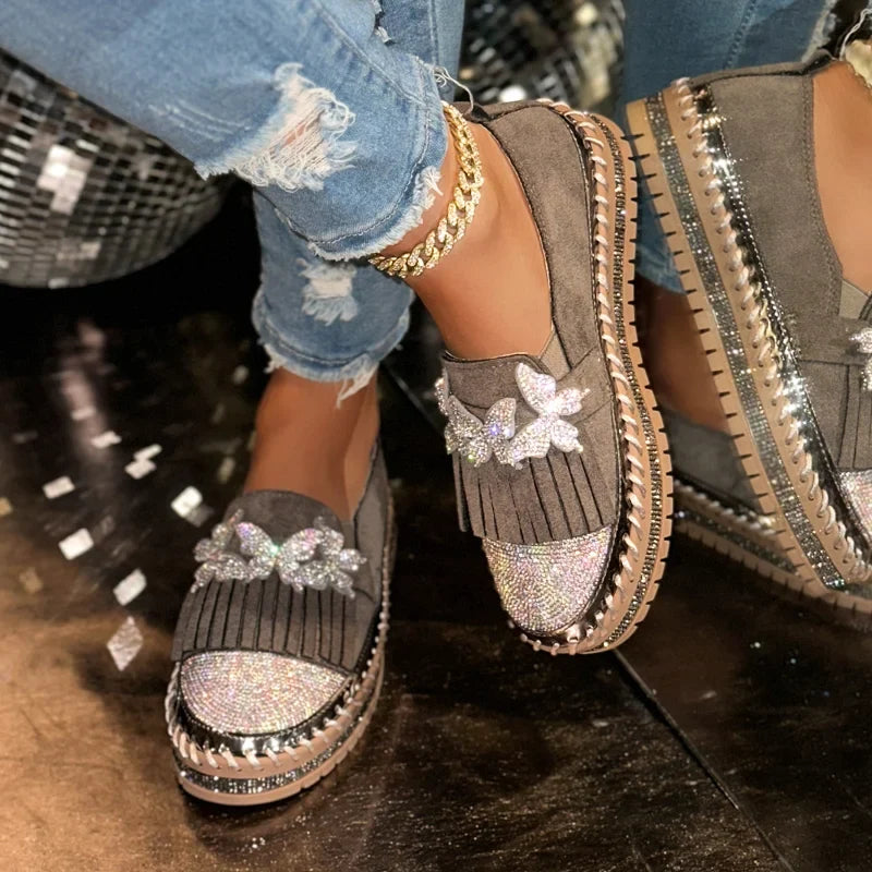 Women's Rhinestone Loafers – Cow Suede Slip-On Flat Shoes