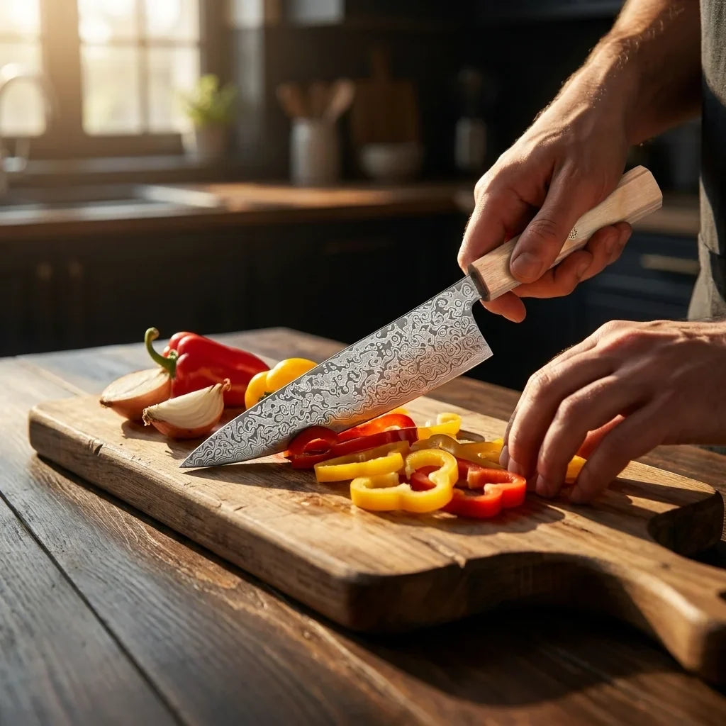 8" Damascus Texture Chef Knife – Carbon Steel & Wood Handle
