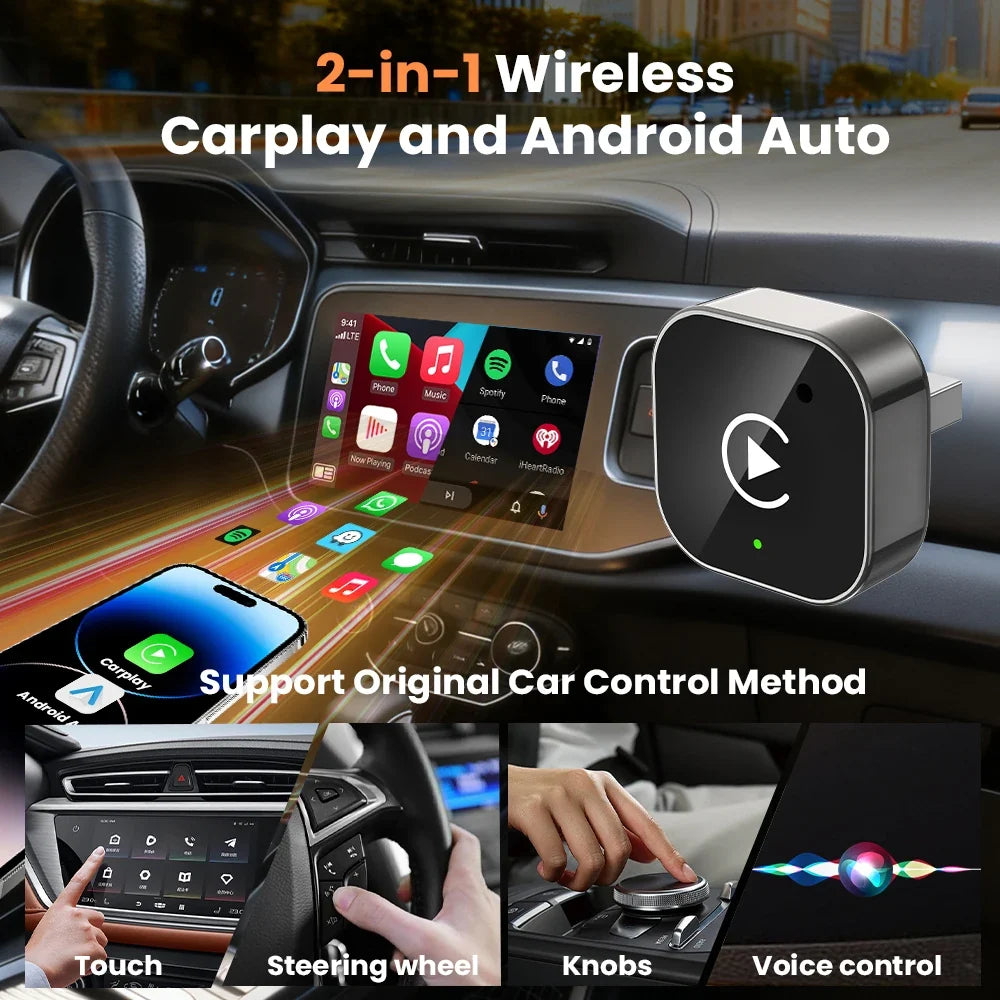2-in-1 Wireless CarPlay & Android Auto Adapter | Plug & Play
