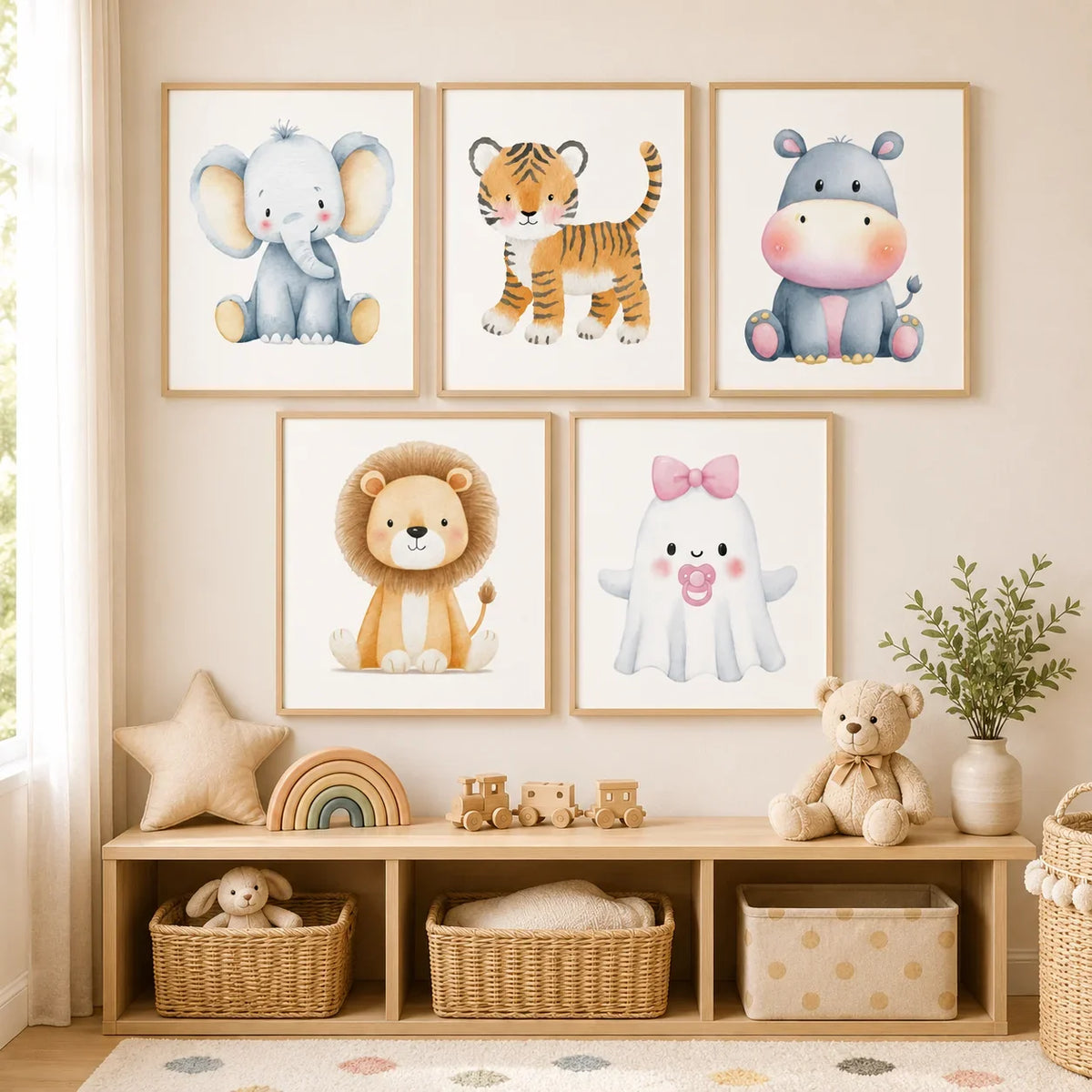 Nursery Animal Canvas Wall Art | Tiger Hippo Lion Kids Poster