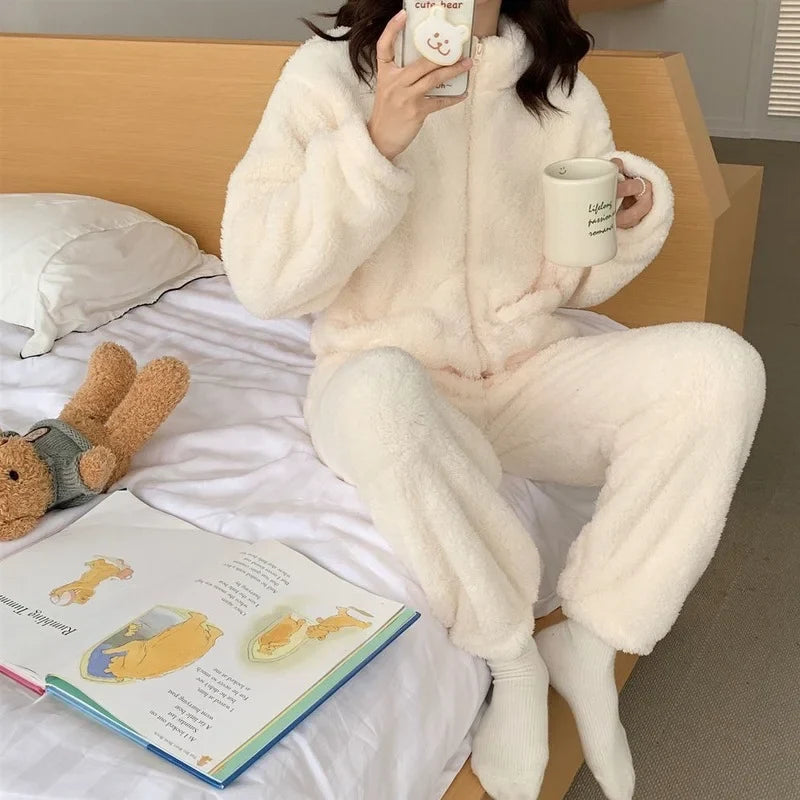 Women's Winter Fleece Pajama Set – Zip-Up Turtleneck Sleepwear