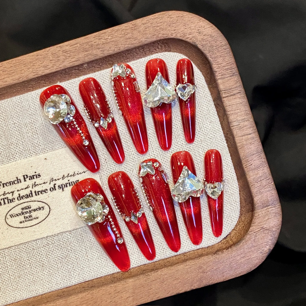 Handmade Press Nails Long Oval Red French Fake Women Girl Wearable