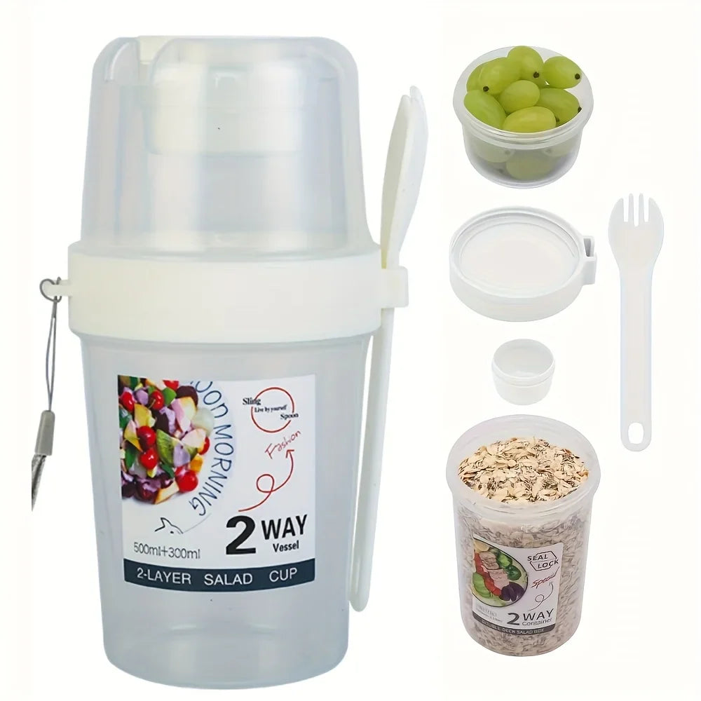 Portable Salad Cups Container Plastic Lid Fork Overnight Cup