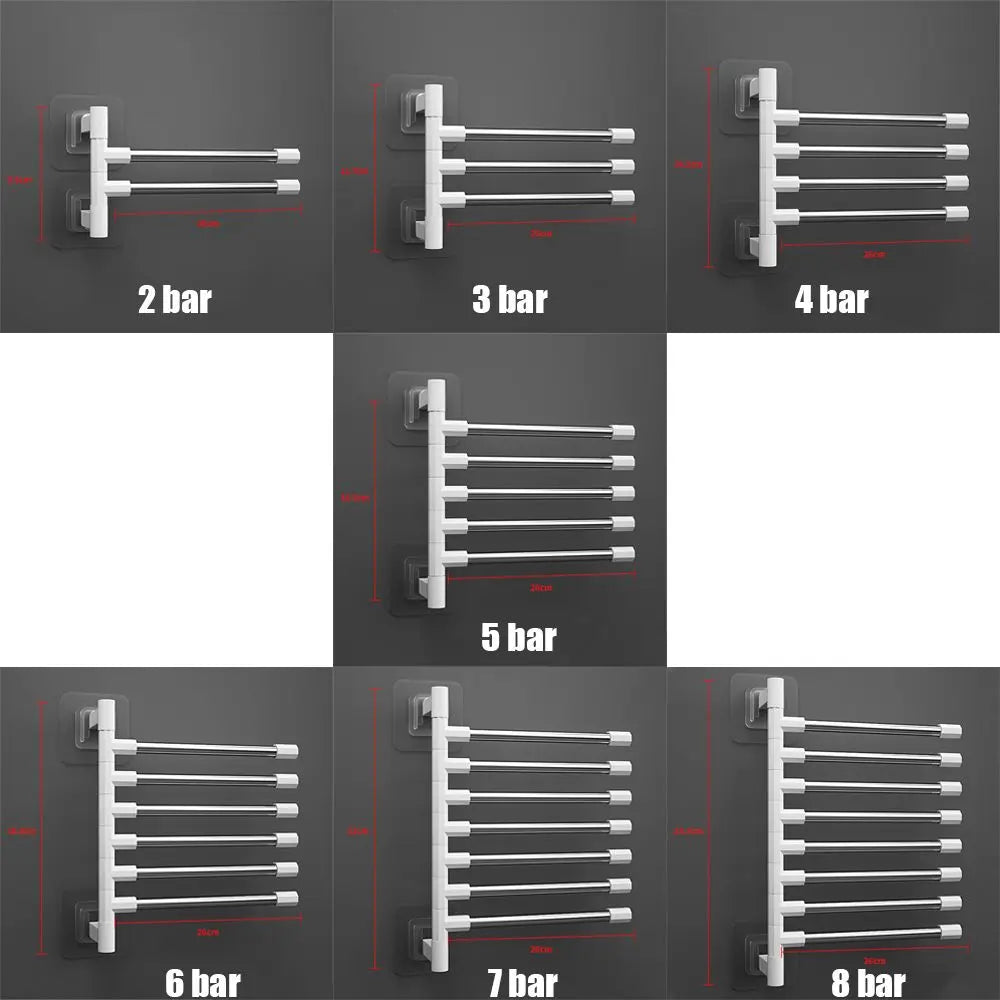 Silver Aluminum Swing Arms Towel Rack Save Space 2-8-Bar Hanger Wall
