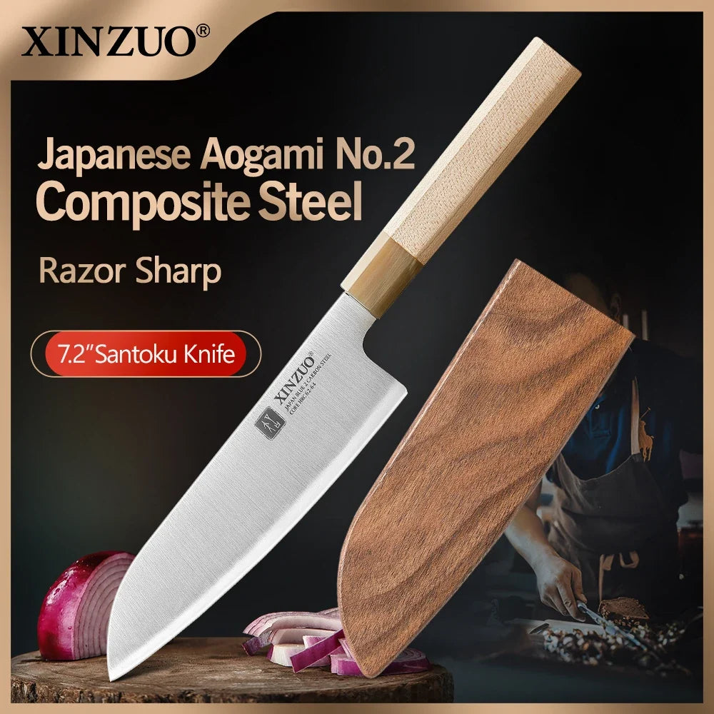 XINZUO Santoku Knife 7.24" Aogami No.2 Steel | Maple Horn Handle