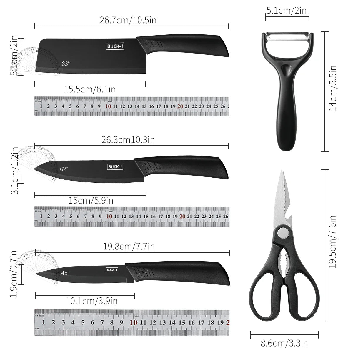 SHENJIU 3/5-Piece Black Stainless Steel Kitchen Knife Set